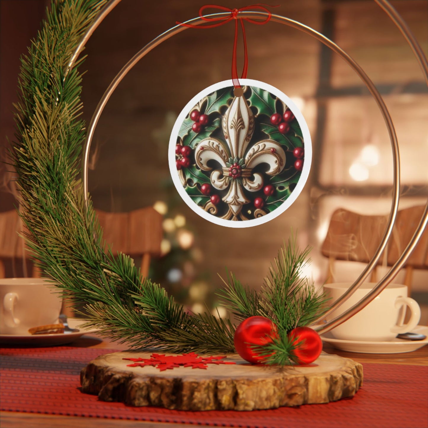 Cajun Christmas Fleur-de-lis Ornament, Cajun Christmas Ornament, Round - South of Interstate 10 - #Cajun Store# - #Cajun Clothing# - #Cajun Shirts#