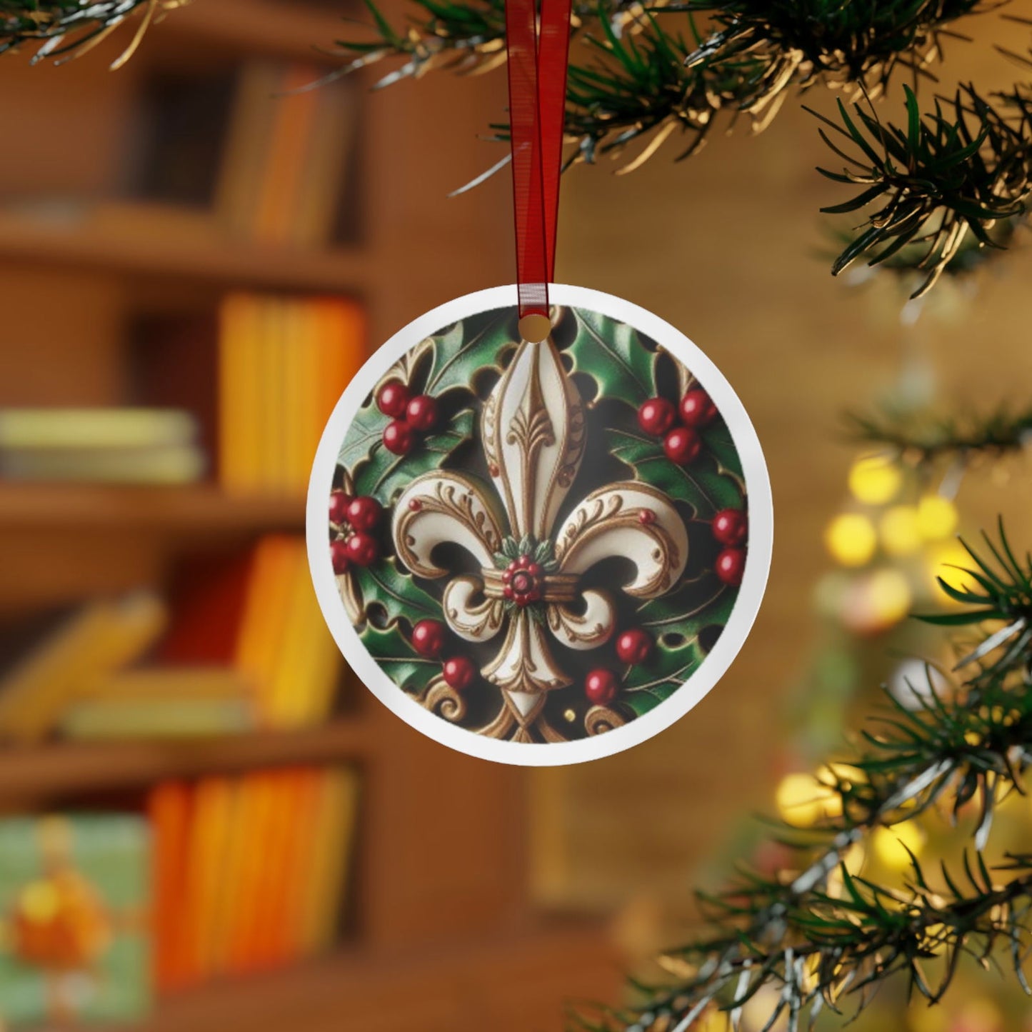 Cajun Christmas Fleur-de-lis Ornament, Cajun Christmas Ornament, Round - South of Interstate 10 - #Cajun Store# - #Cajun Clothing# - #Cajun Shirts#