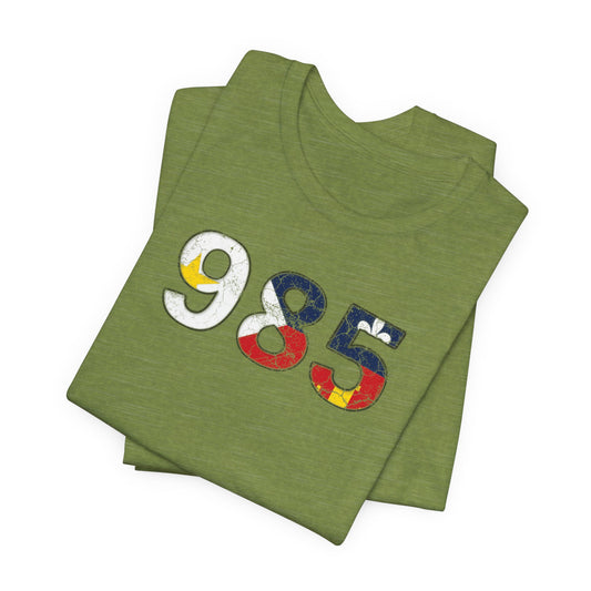 south-of-interstate-10-cajun-store-cajun-flag-985-area-code-t-shirt